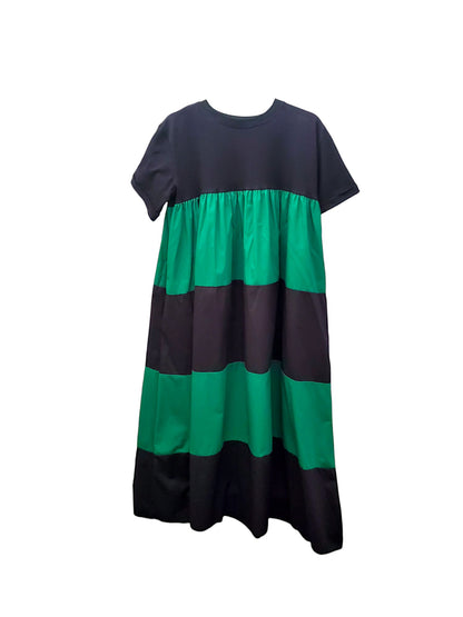 Black & Green Gypsy Style Long Dress – 2-Tone, Loose Fit